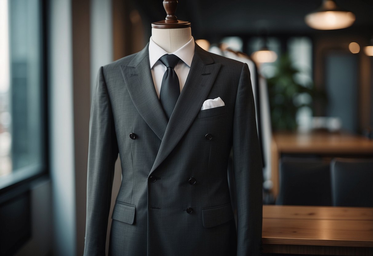 A charcoal double-breasted suit hangs on a sleek wooden hanger, accompanied by a crisp white dress shirt and a silk tie