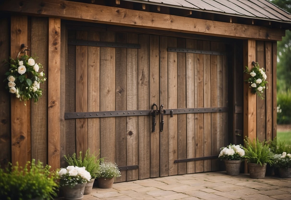 A weathered barn door serves as a unique guest book, with guests signing their names and well wishes in white ink. The rustic charm of the door adds a touch of country elegance to the wedding decor