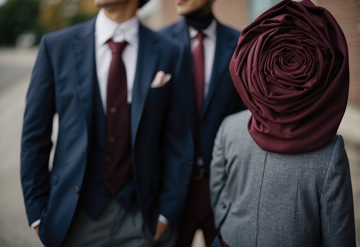 A maroon dress shirt hangs next to a navy suit jacket and gray trousers, ready for a stylish wedding outfit