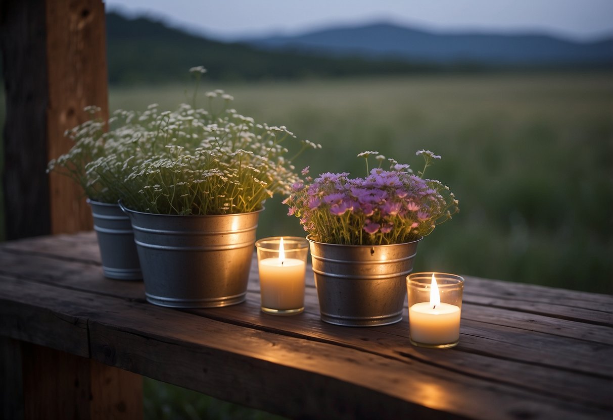 Two galvanized metal buckets filled with wildflowers sit on a wooden table, surrounded by flickering candles and draped with burlap fabric