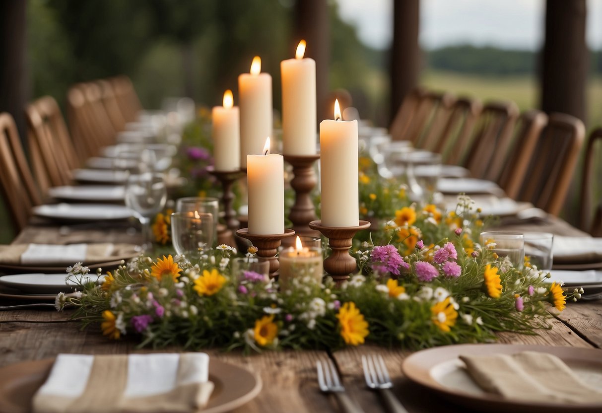 A wooden table set with a Hessian tablecloth, adorned with wildflowers and candles, creating a rustic wedding decor ambiance