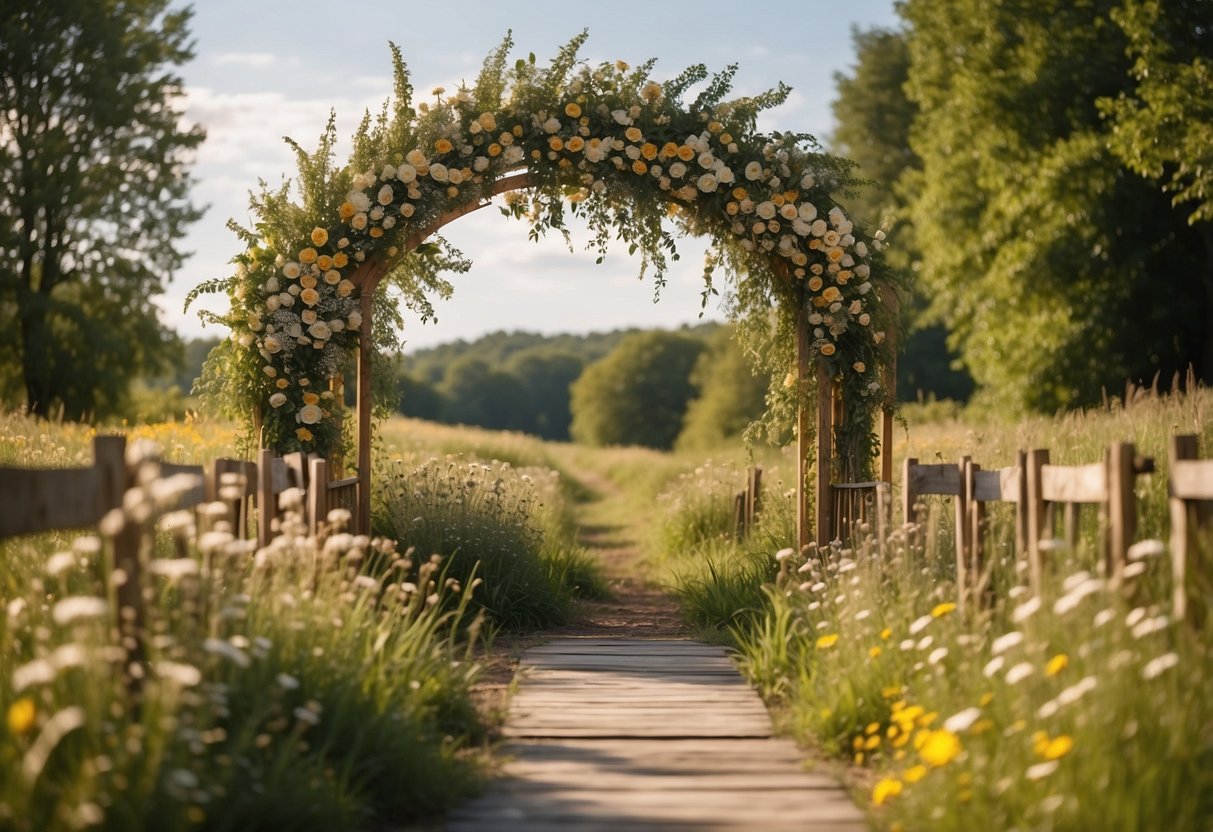 A wooden arch adorned with wildflowers and greenery stands in a field. Lanterns and wooden signs with calligraphy decorate the area