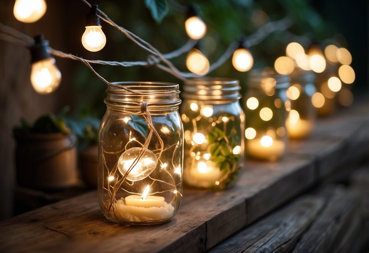 Soft, warm string lights drape over wooden beams and mason jars, creating a cozy, rustic ambiance. Fairy lights twinkle among greenery and burlap, adding a touch of whimsy to the natural decor