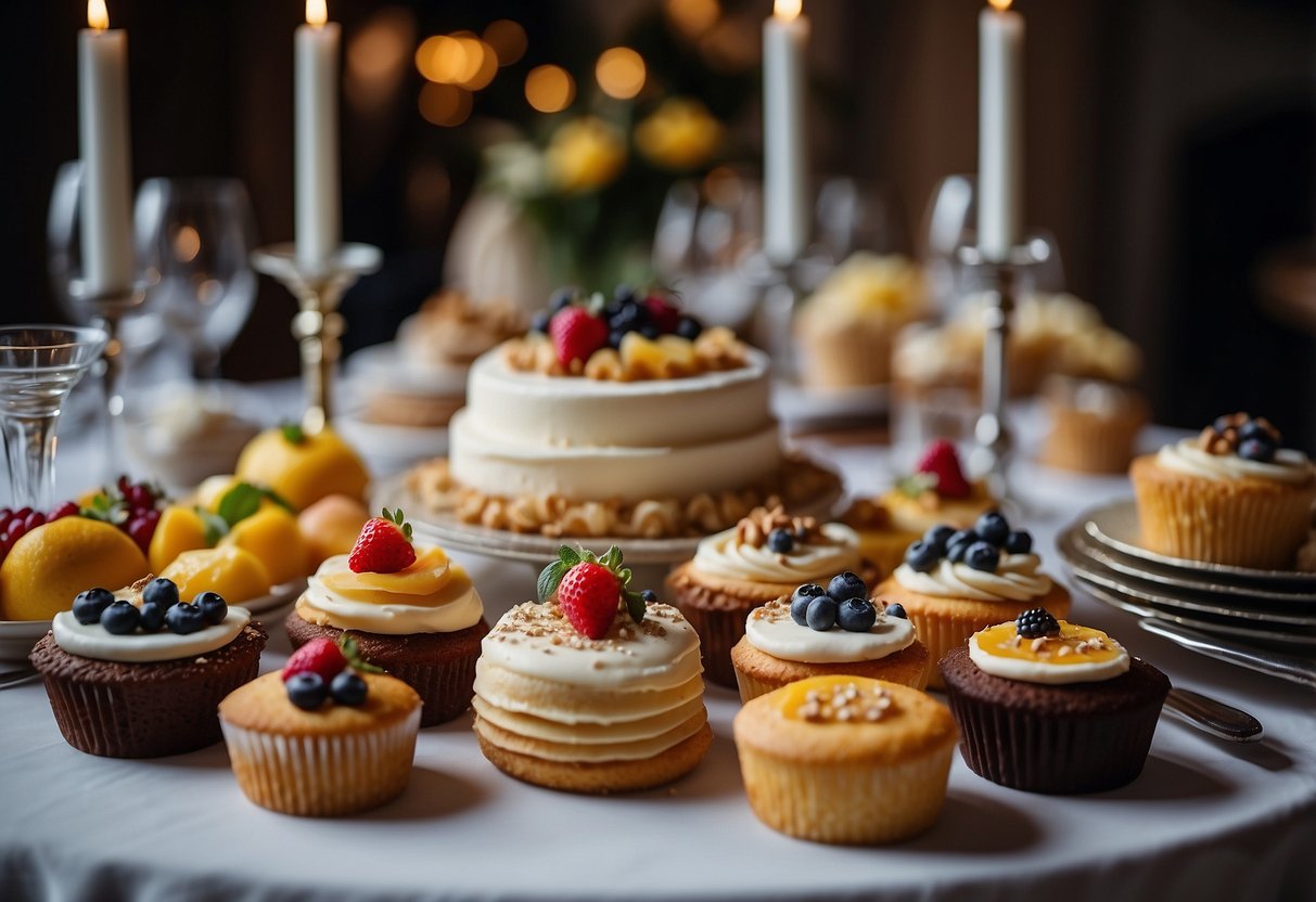 A table set with various flavored wedding cakes, surrounded by tasting utensils and decorative elements