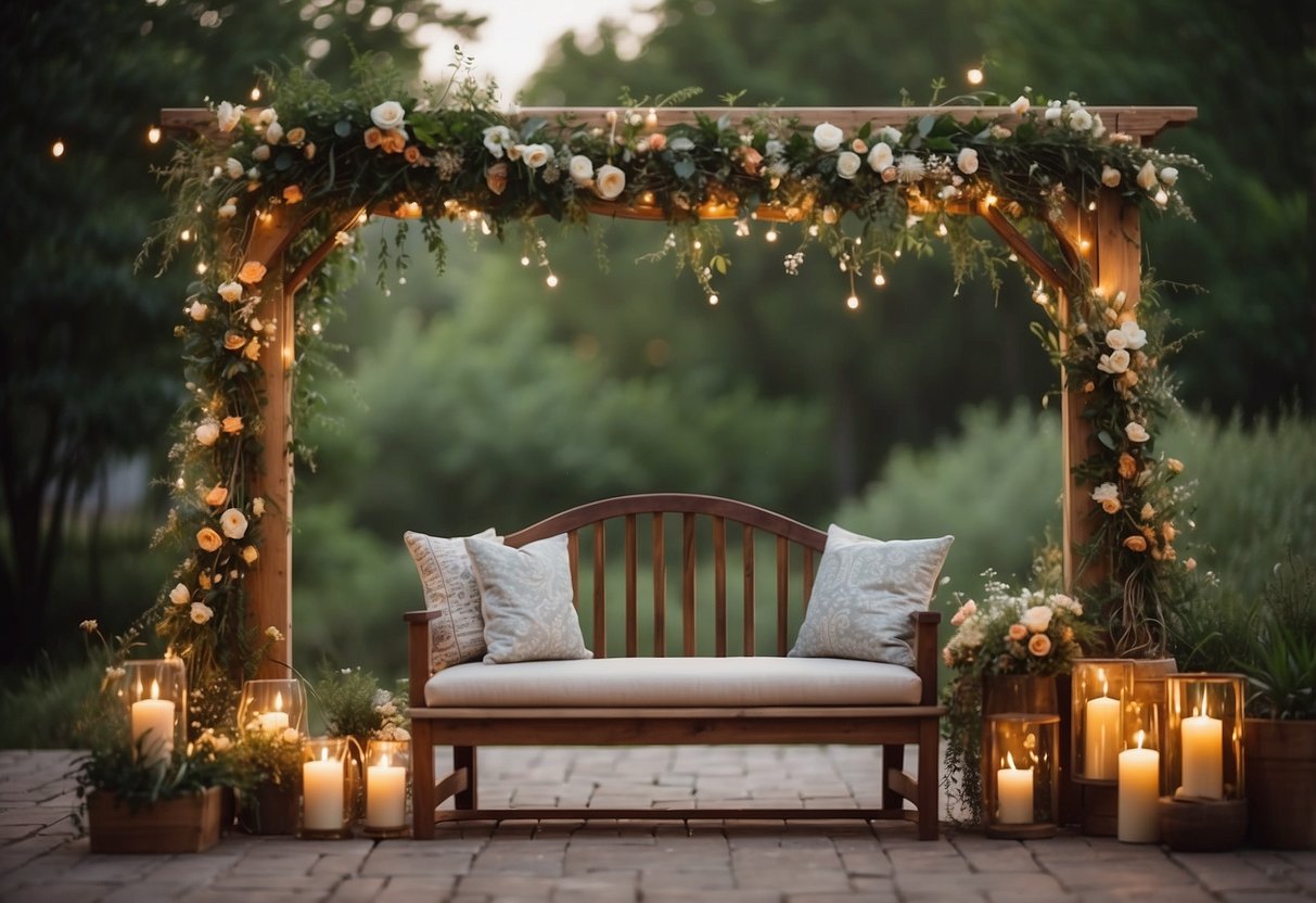 A simple outdoor setting with wooden benches, wildflower centerpieces, and string lights. A handmade arch adorned with fabric and greenery serves as the backdrop