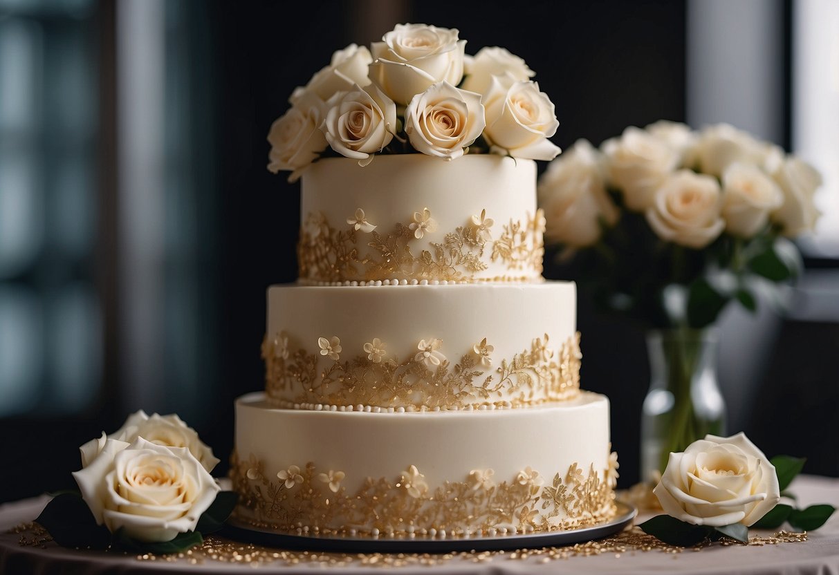 A three-tiered wedding cake with vanilla bean frosting, adorned with delicate white roses and gold accents