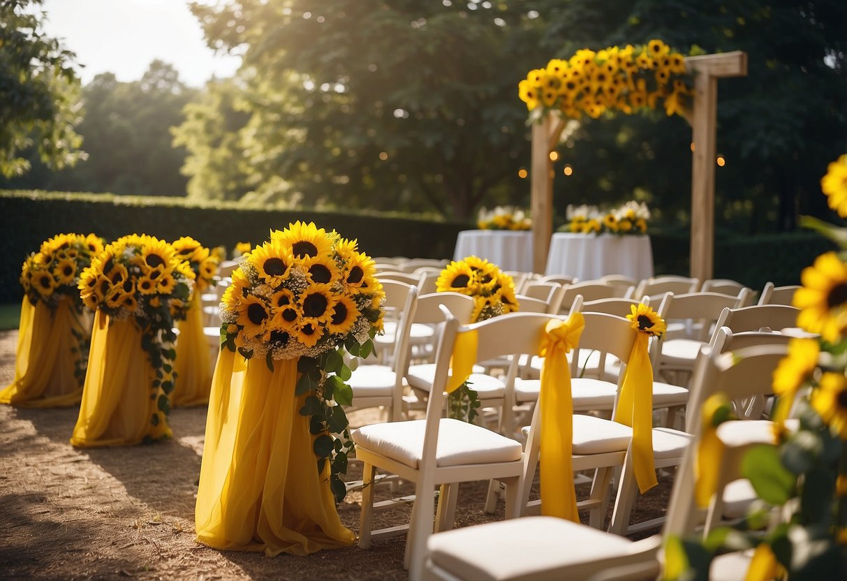 A sunflower-filled outdoor wedding ceremony with yellow accents and decor, including golden chairs, lemon centerpieces, and a bright yellow arch