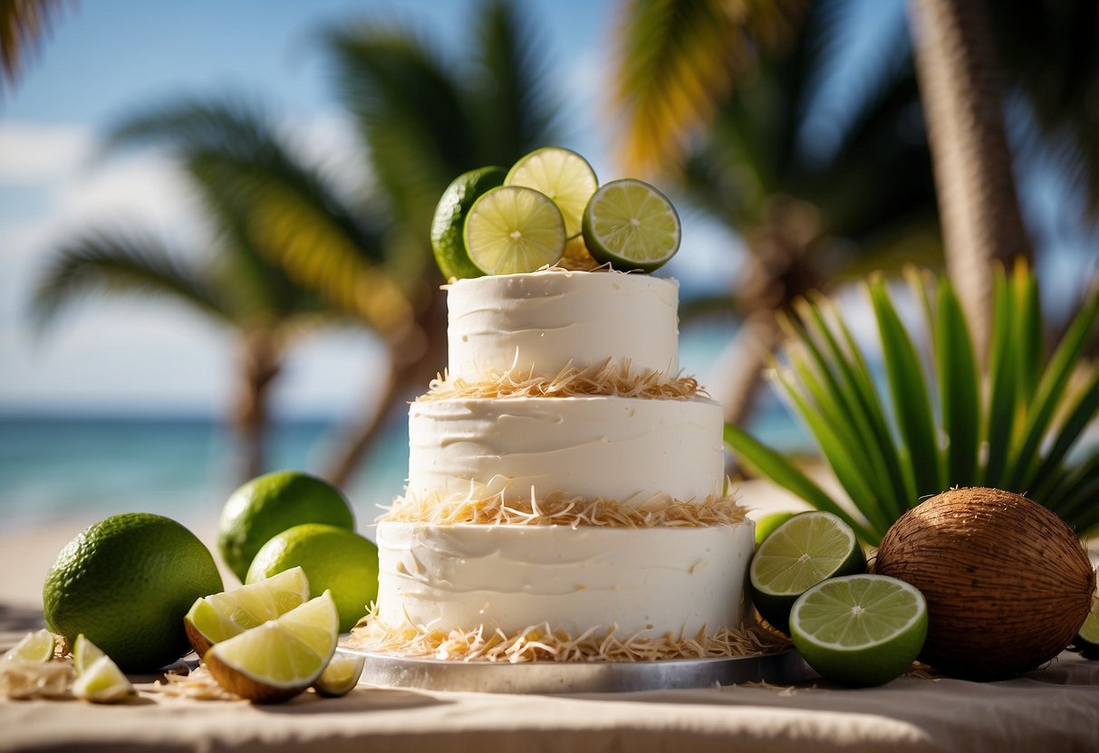 A tropical beach setting with palm trees, coconuts, and limes scattered around a dreamy wedding cake adorned with coconut shavings and lime slices