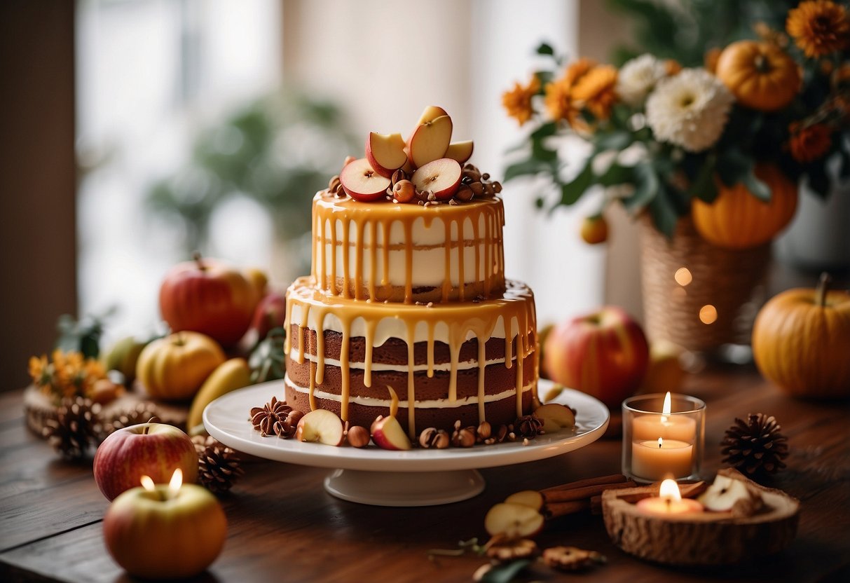 A tiered wedding cake adorned with caramel drizzle, apple slices, and cinnamon sticks. Warm colors and fall-themed decorations complete the scene