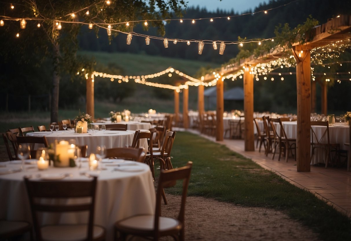 Rustic wedding scene with string lights as backdrop. Budget-friendly decor