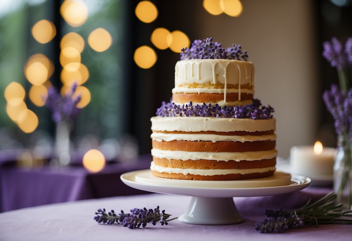 A tiered wedding cake adorned with fresh lavender and drizzled with honey, topped with a light and airy lemon buttercream frosting