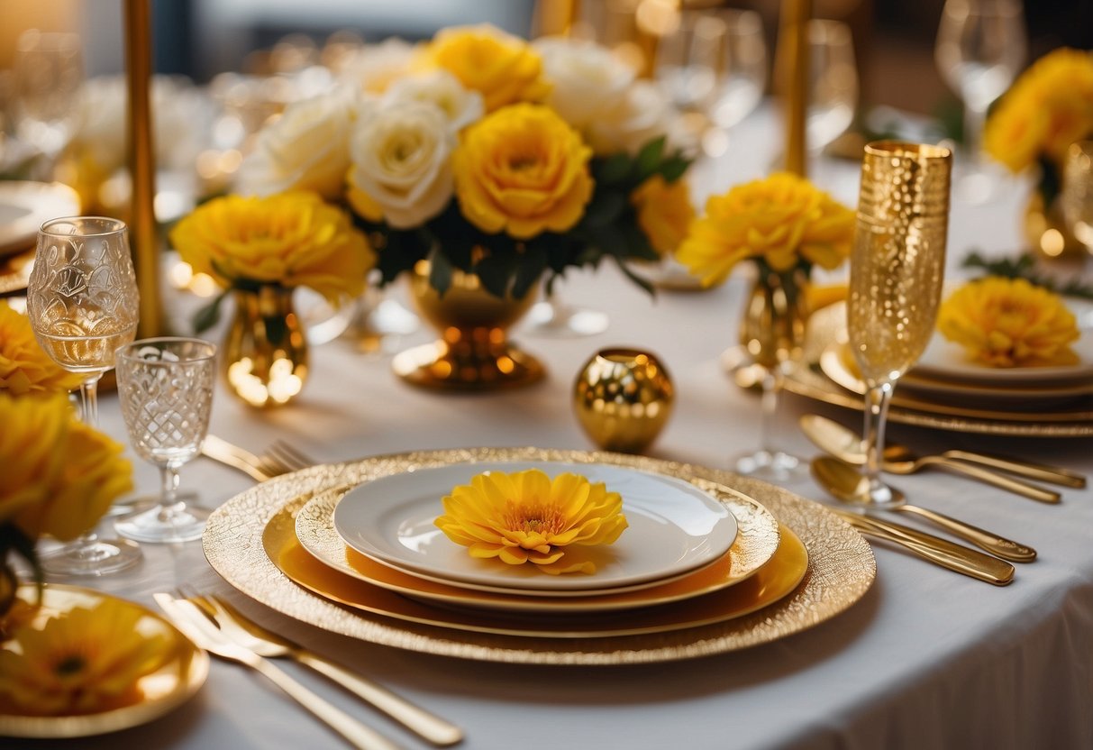 Golden charger plates shimmer on a table, surrounded by yellow floral centerpieces and matching decor