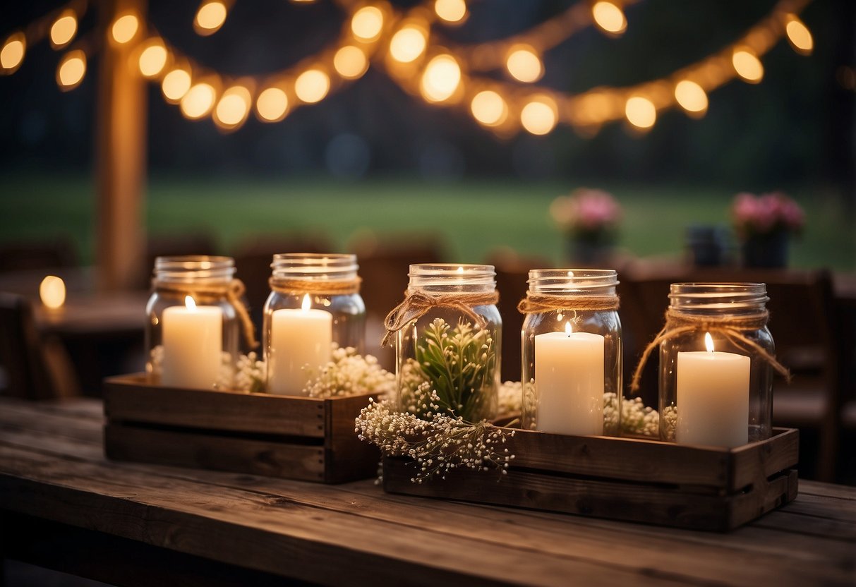 A table adorned with mason jar candles, burlap-wrapped favors, and wildflower centerpieces, set against a backdrop of wooden crates and twinkling fairy lights