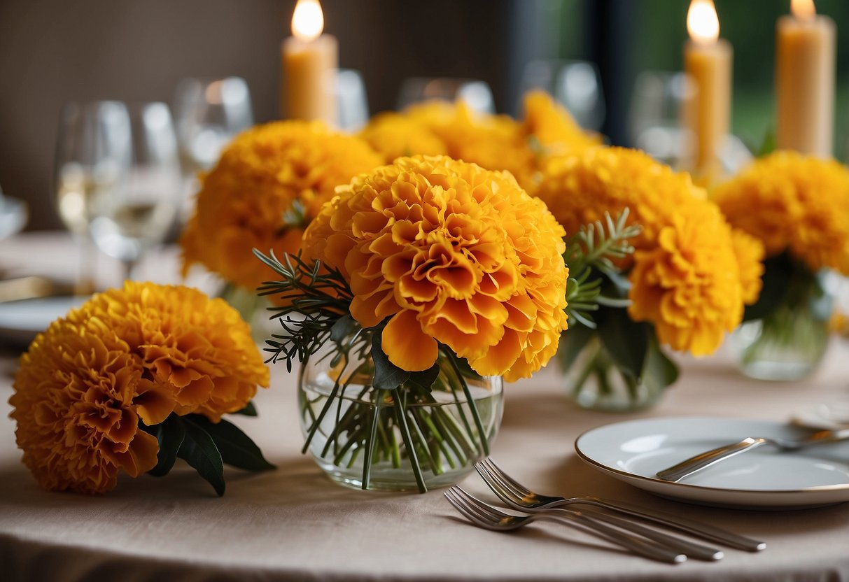 A table set with marigold boutonnieres, in shades of yellow, for a wedding celebration