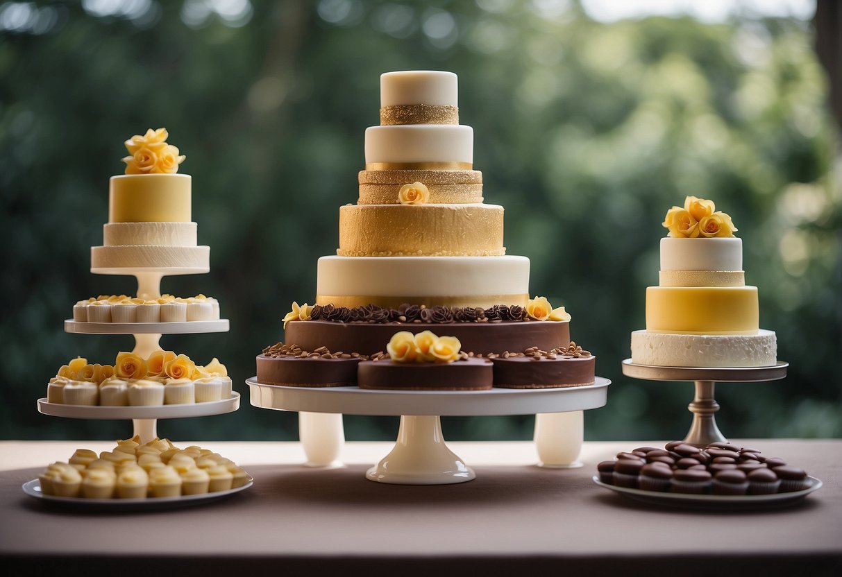 A table adorned with a variety of wedding cake flavors, including decadent chocolate, zesty lemon, and fragrant vanilla, each displayed on elegant cake stands