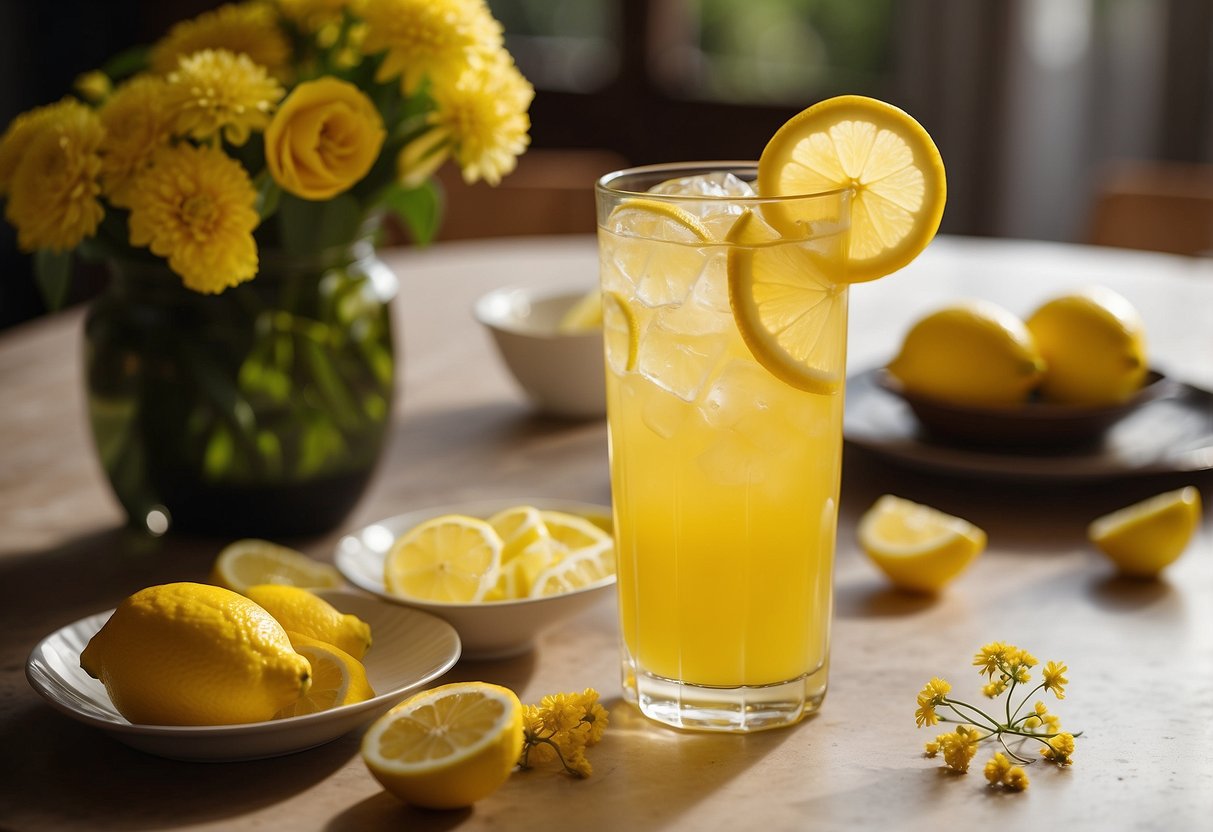 A glass of yellow lemonade with a slice of lemon, surrounded by yellow flowers and decorations, set on a table at a wedding reception