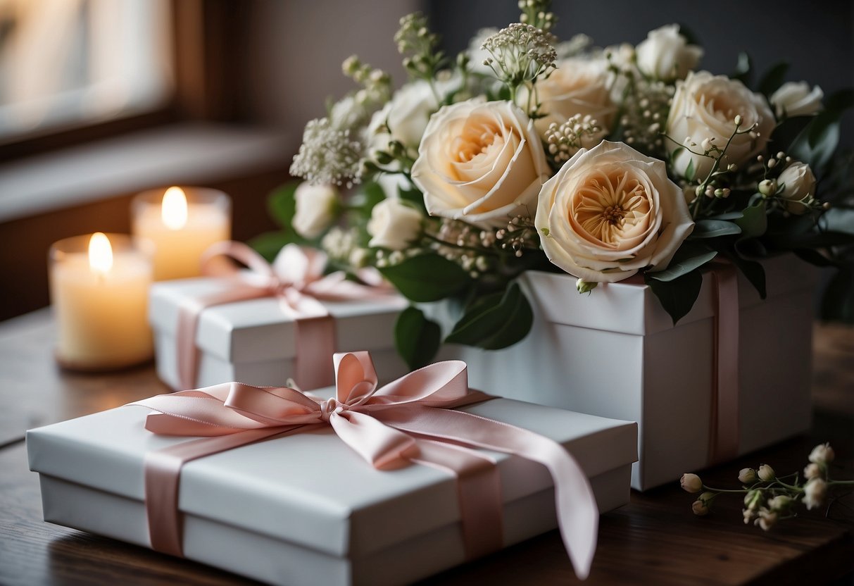 A beautifully wrapped gift box surrounded by elegant wedding decor and flowers