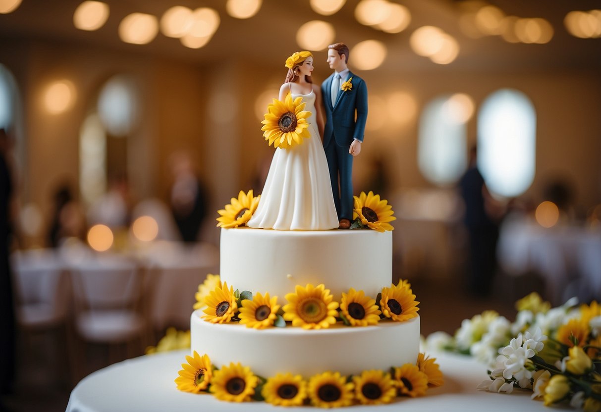 A sunflower cake topper sits atop a three-tiered wedding cake, adding a pop of vibrant yellow to the elegant white dessert