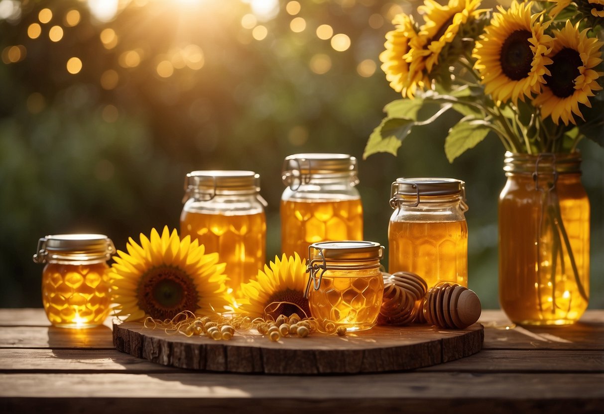 A rustic wooden table adorned with jars of golden honey, sunflowers, and yellow ribbons. A soft glow from hanging string lights illuminates the honey-inspired favors