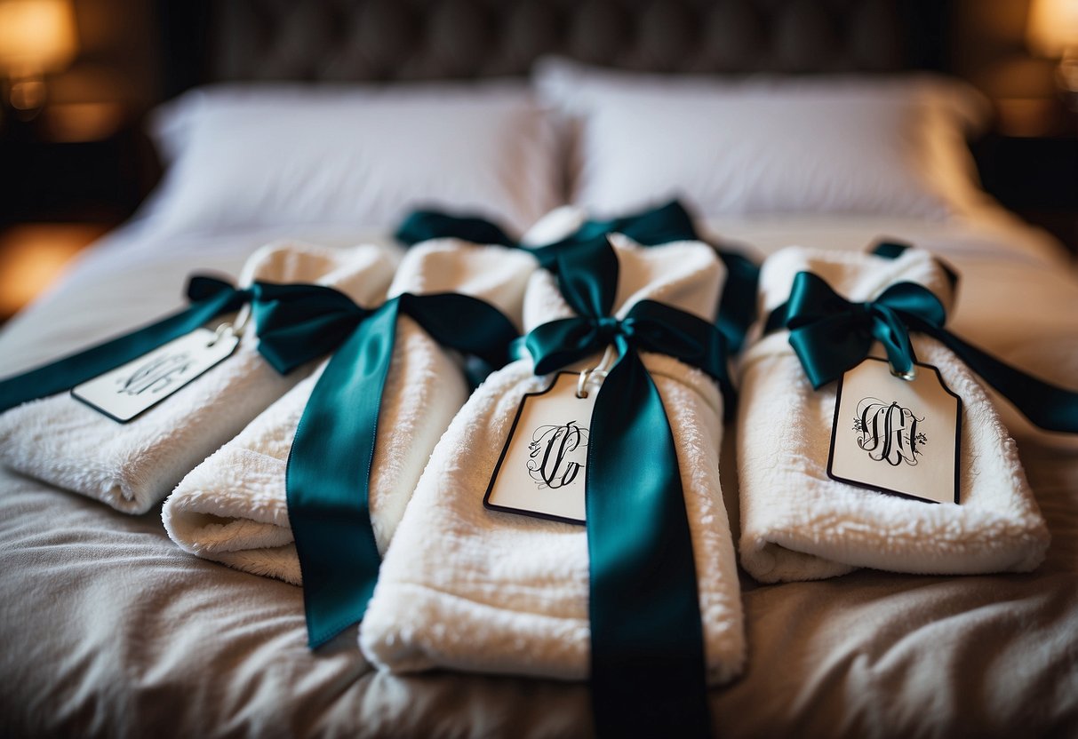 A group of monogrammed bathrobes arranged neatly on a bed, with a ribbon and gift tag, ready to be presented as wedding party gifts