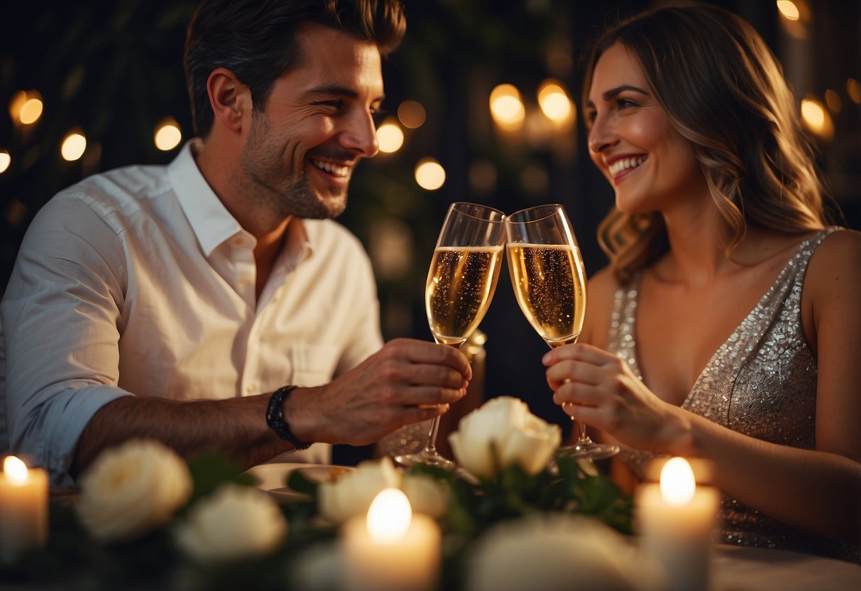 A couple sitting at a candlelit table with a bouquet of flowers, exchanging gifts and toasting with champagne