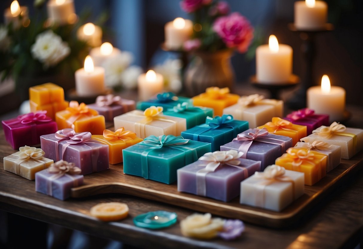 A table adorned with colorful handmade soap sets, arranged beautifully as wedding party gift ideas