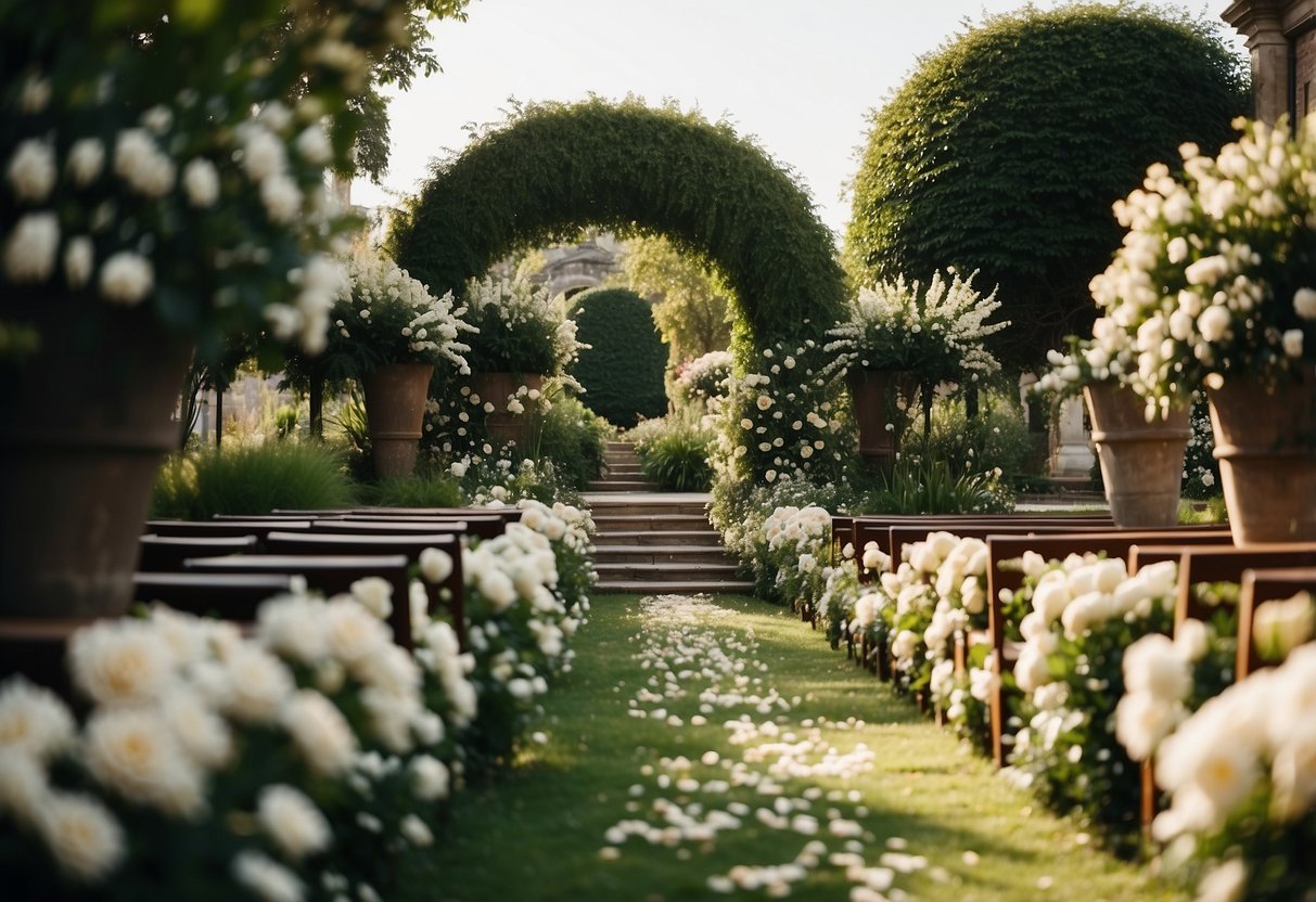 A lush garden with floral arches, scattered petals, and elegant seating for a romantic wedding ceremony