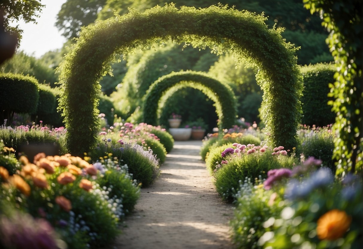 A garden filled with vibrant floral arches and lush greenery, creating a romantic and enchanting atmosphere for a wedding