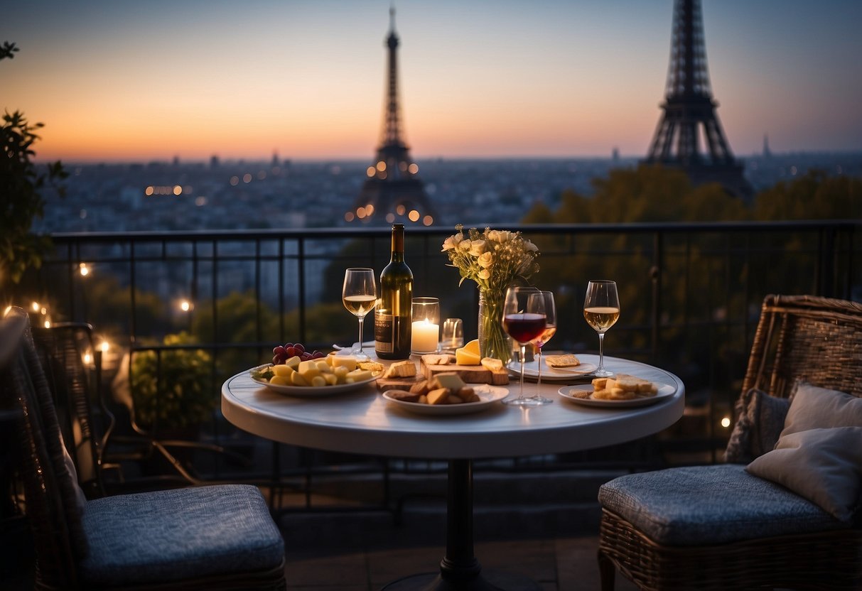 A cozy bistro table set with wine, cheese, and flowers overlooks the twinkling lights of the Eiffel Tower at night