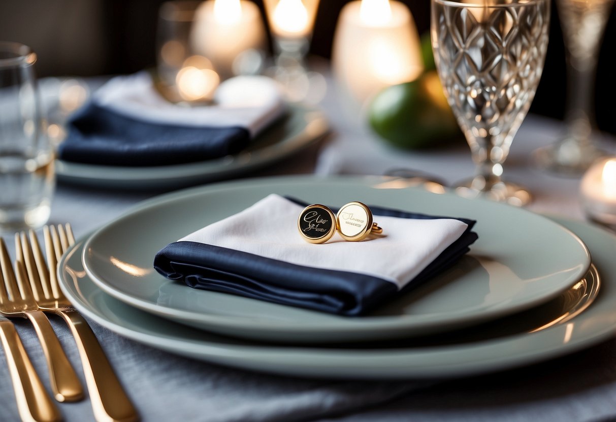 A elegant table setting with personalized cufflinks as wedding favors