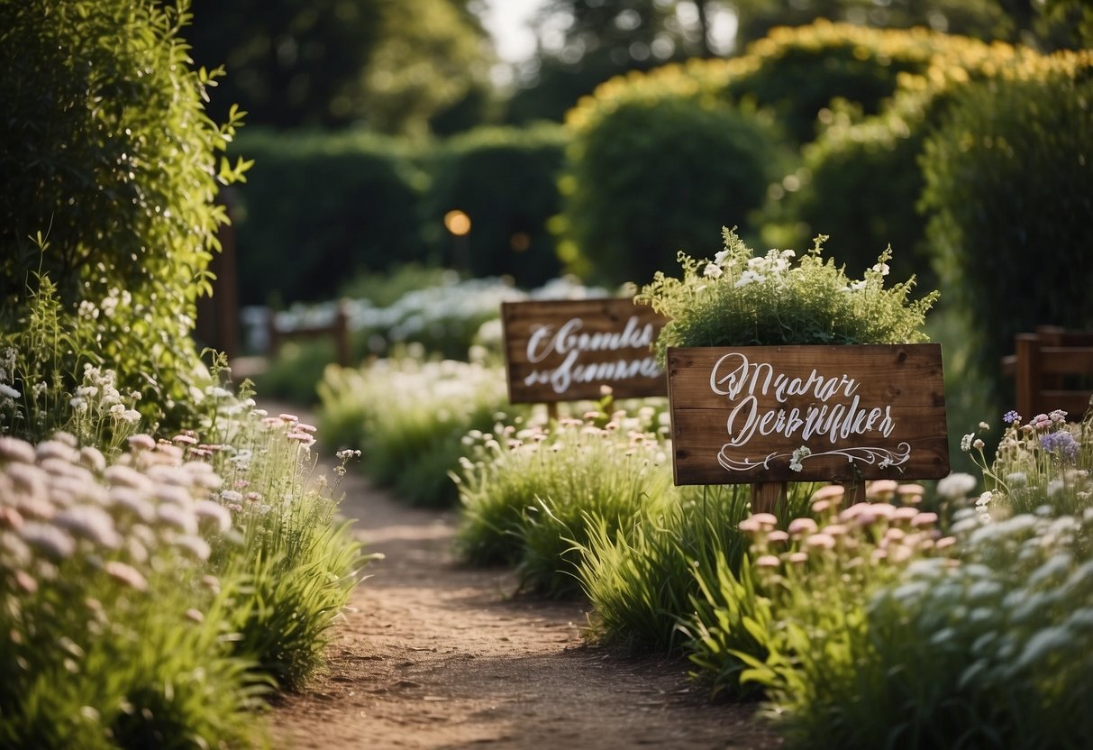 A garden wedding with rustic wooden signs leading the way to the ceremony and reception area. Wildflowers and greenery surround the signs, creating a natural and romantic atmosphere