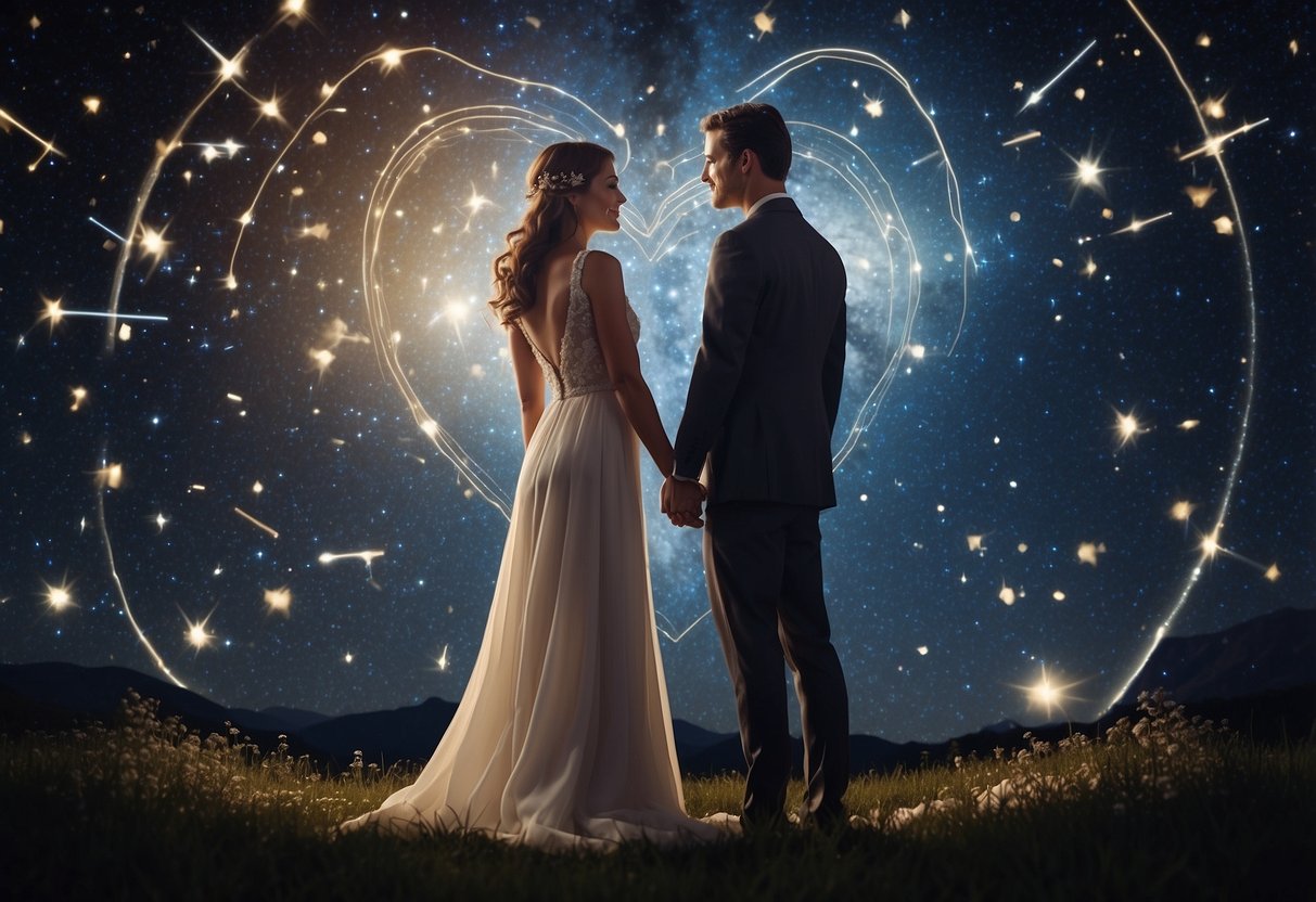 A couple's names and wedding date surrounded by constellations and stars, with a heart-shaped constellation at the center