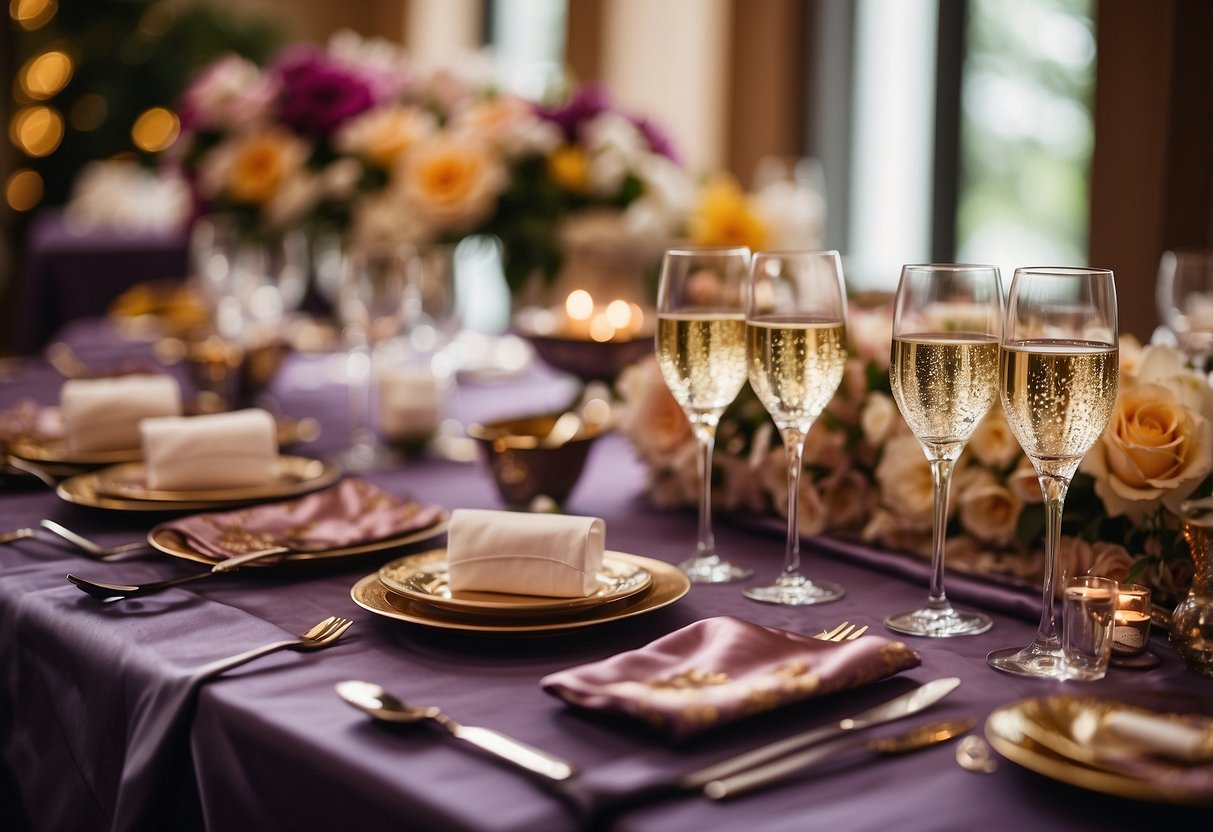 A table adorned with silk pajama sets in various colors and patterns, surrounded by champagne glasses and wedding party favors