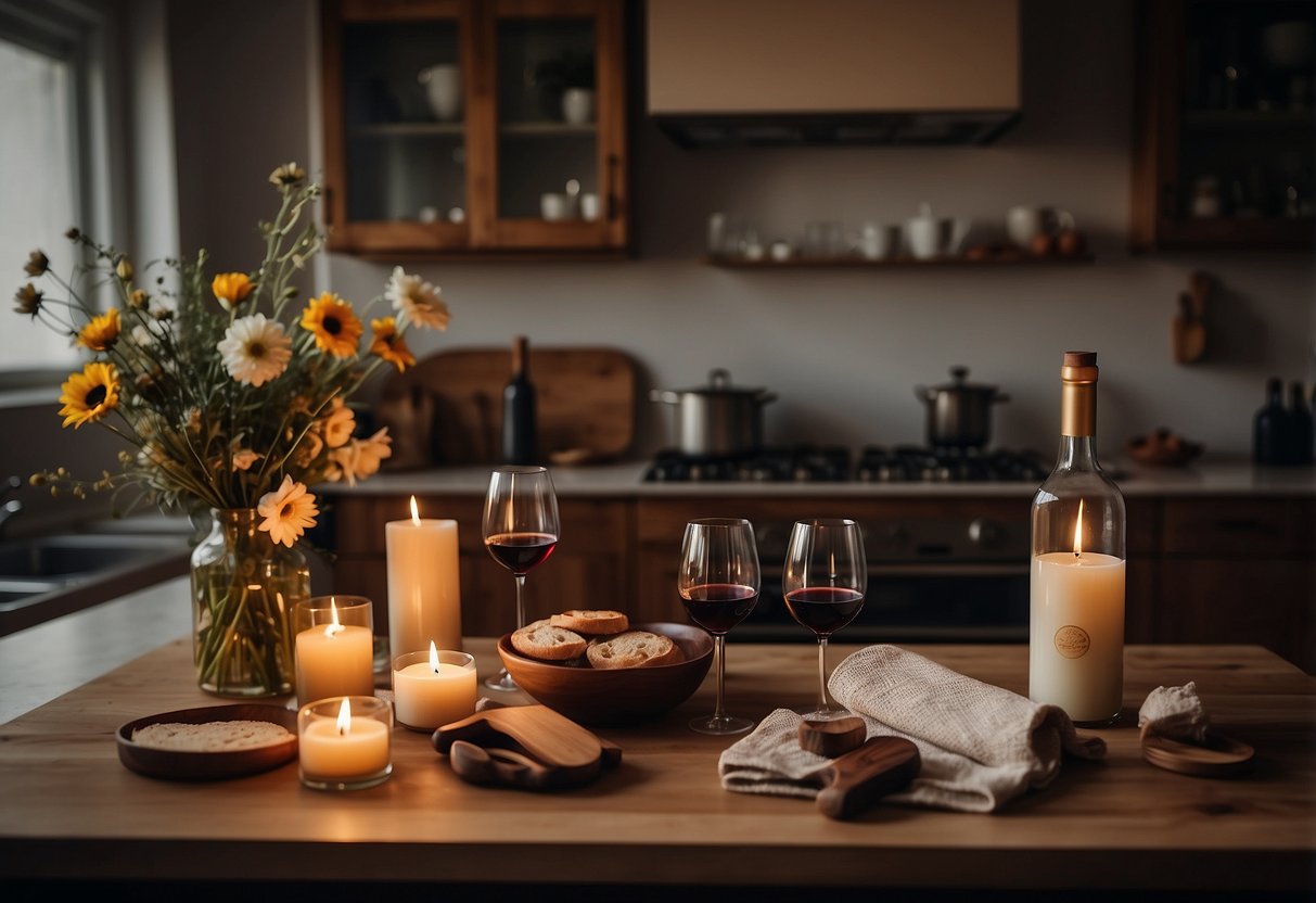 A cozy kitchen with two sets of cooking utensils, a recipe book, and a bottle of wine on the counter. An apron hanging on the wall and a table set for two with candles and flowers