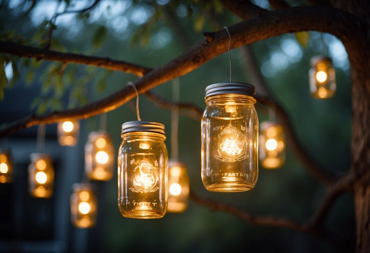 Mason jar lanterns hang from tree branches in a whimsical garden setting, casting a warm glow over the outdoor wedding space