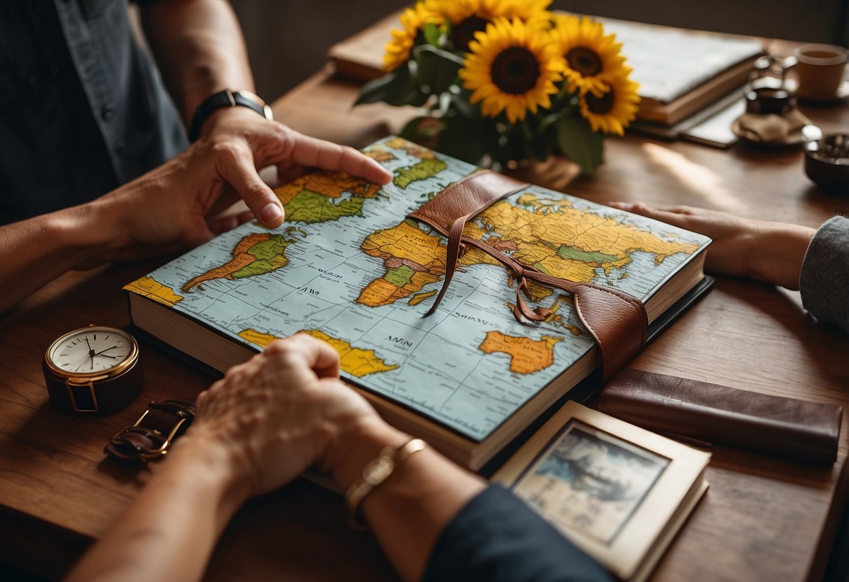 A couple's hands exchanging a gift, surrounded by symbolic items like a leather photo album, sunflowers, and a map of their favorite travel destinations