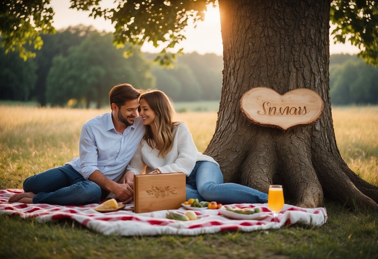 A couple's names carved into a tree with "3 years" and a heart. A picnic blanket with champagne and a personalized photo album