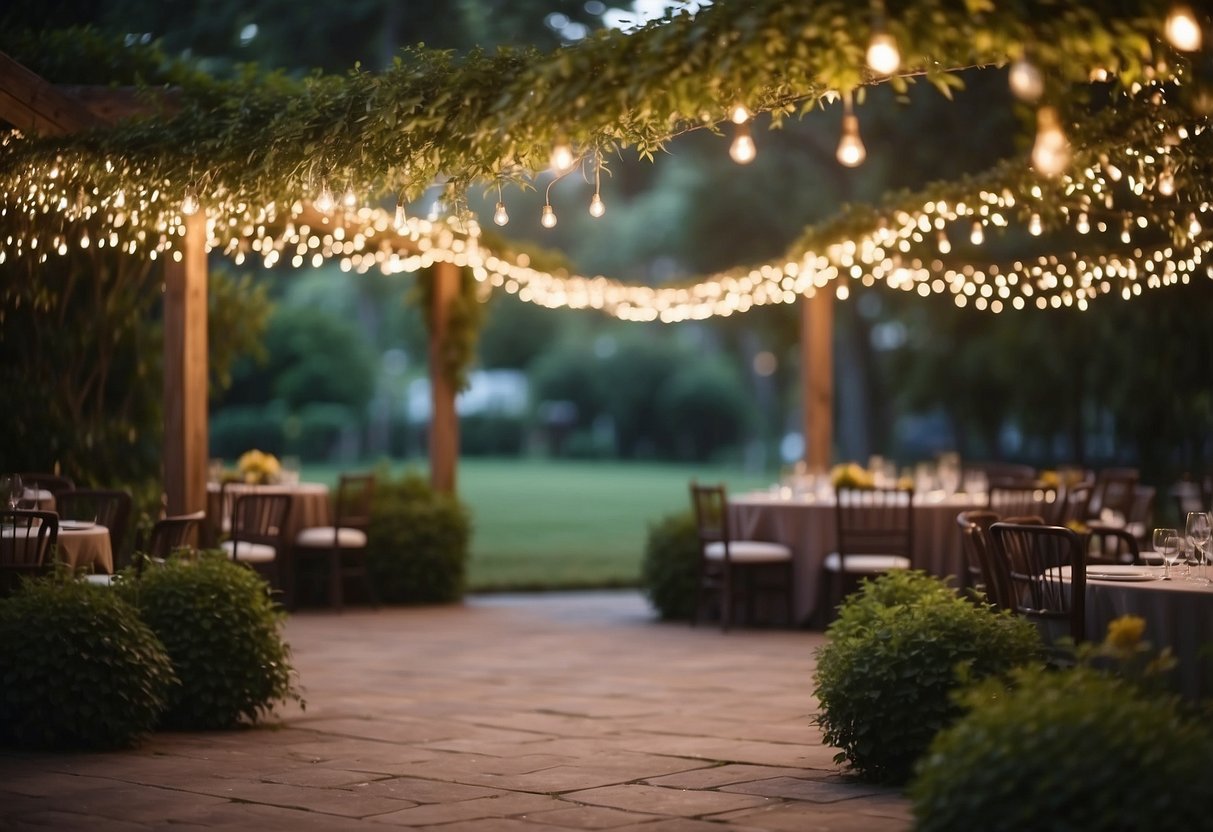 A lush garden adorned with twinkling string lights, creating a romantic ambiance for a wedding celebration