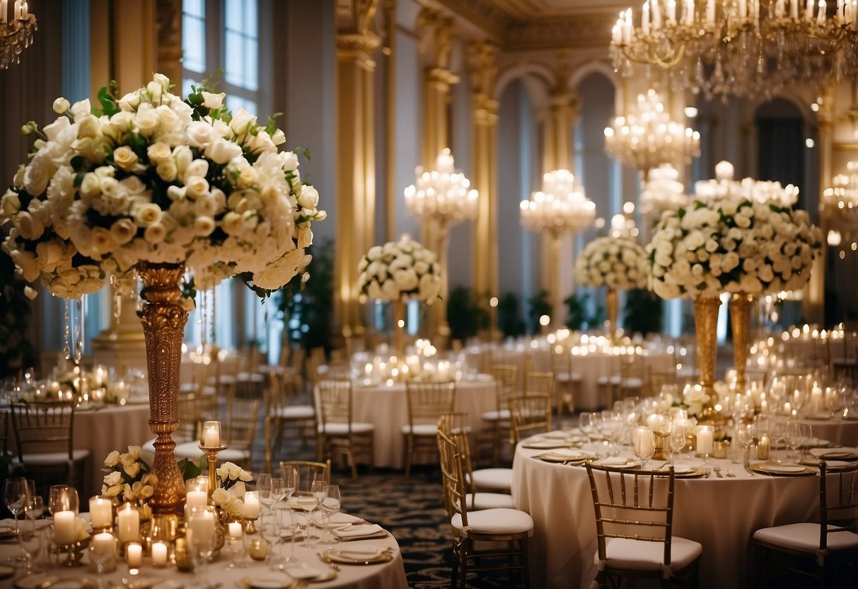 A grand white and gold wedding reception with opulent floral centerpieces, elegant table settings, and sparkling chandeliers