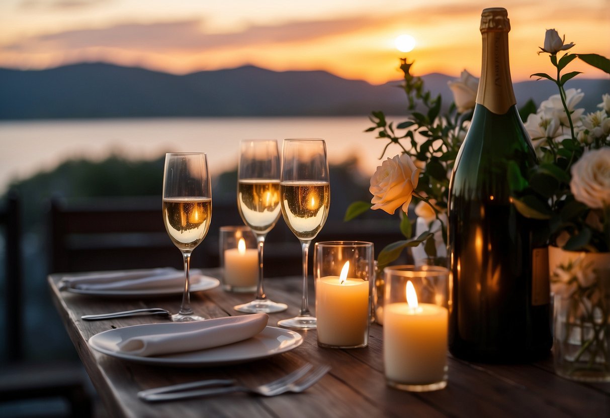 A romantic dinner setting with candles, flowers, and champagne. A cozy table for two with a view of the sunset