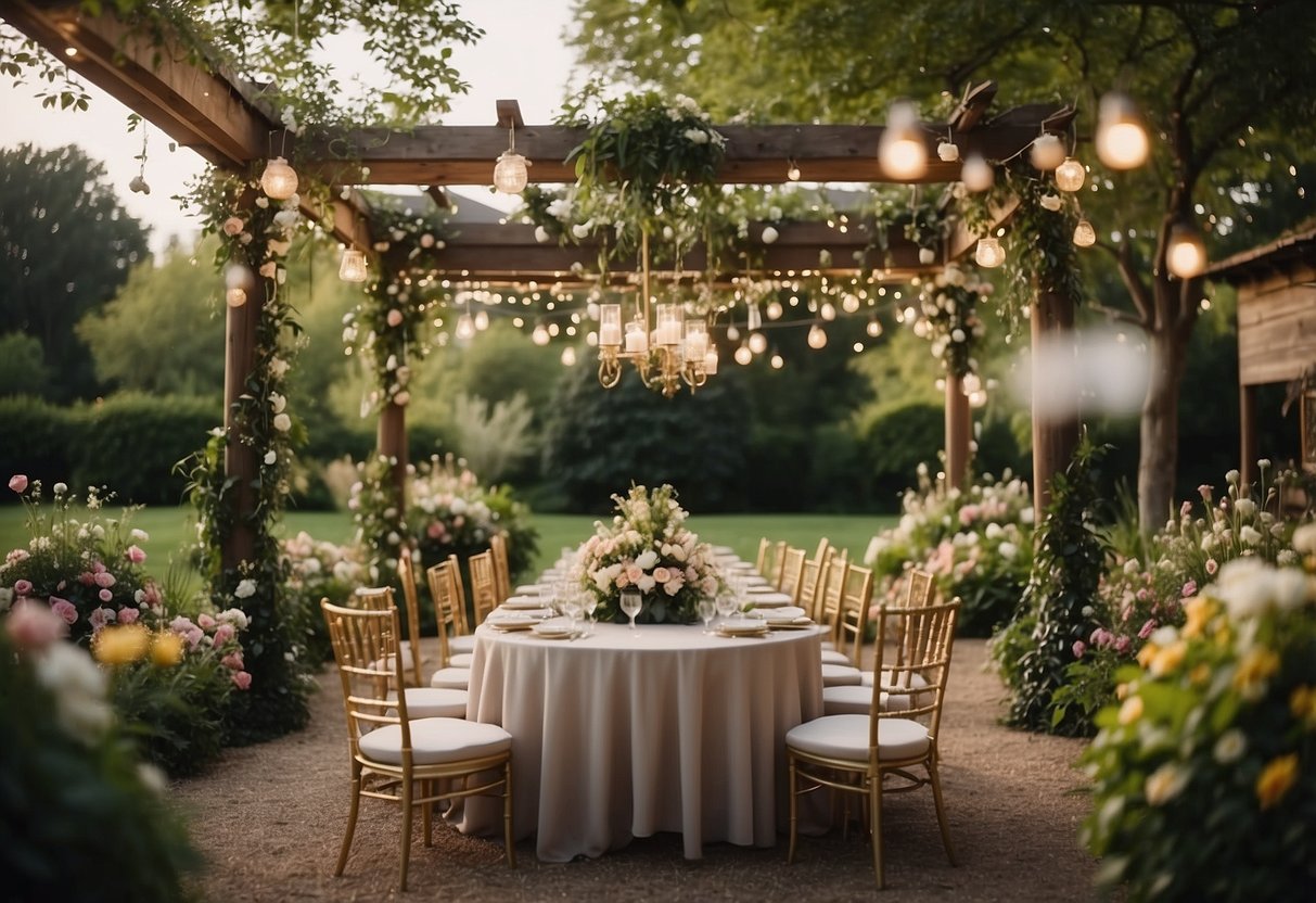 A lush garden with blooming flowers, hanging fairy lights, and a charming gazebo for a wedding ceremony. Tables adorned with seasonal centerpieces and elegant outdoor seating for guests