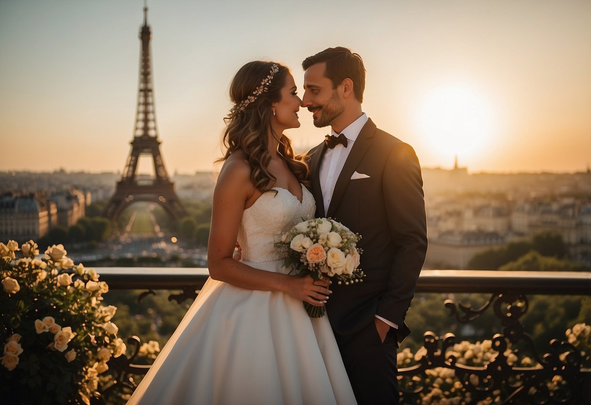 A couple stands before the Eiffel Tower, exchanging vows. The sun sets behind them, casting a warm glow over the city