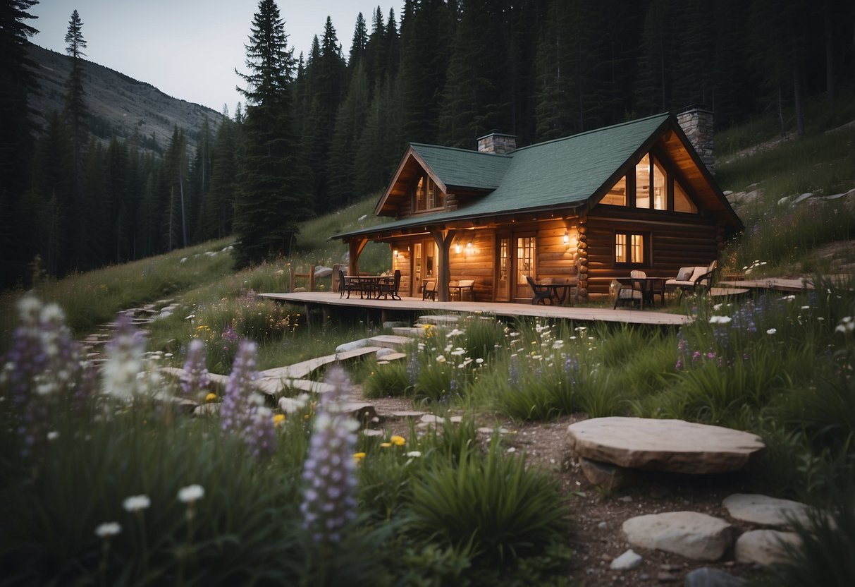 A cozy cabin nestled in the woods, with a crackling fire and a hot tub on the deck. Wildflowers bloom in the meadow, and a winding trail leads to a serene lake