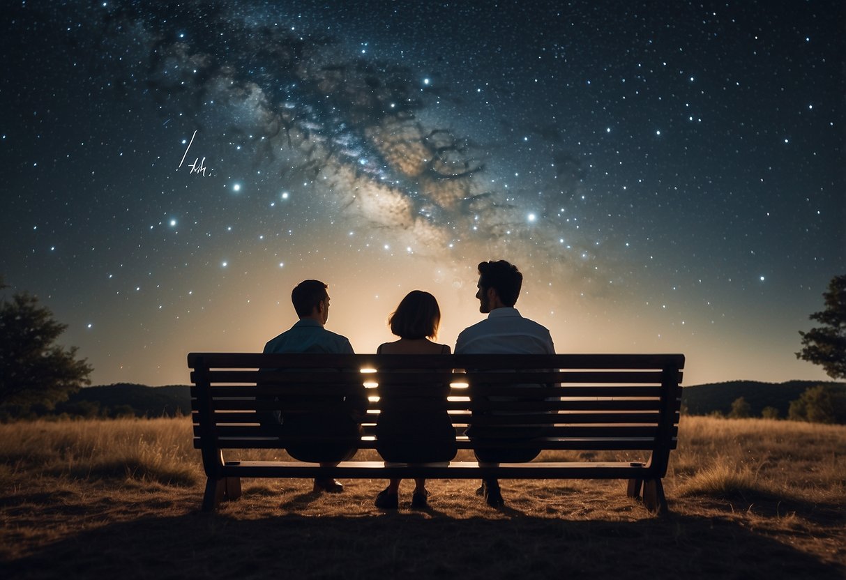 A couple sits under a starry sky, surrounded by their favorite constellations. The date of their 9th wedding anniversary is highlighted in a personalized star map