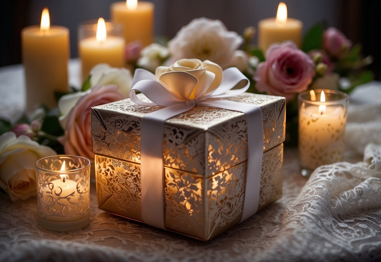 A beautifully wrapped gift box sits atop a lace tablecloth, surrounded by flickering candles and a vase of fresh flowers