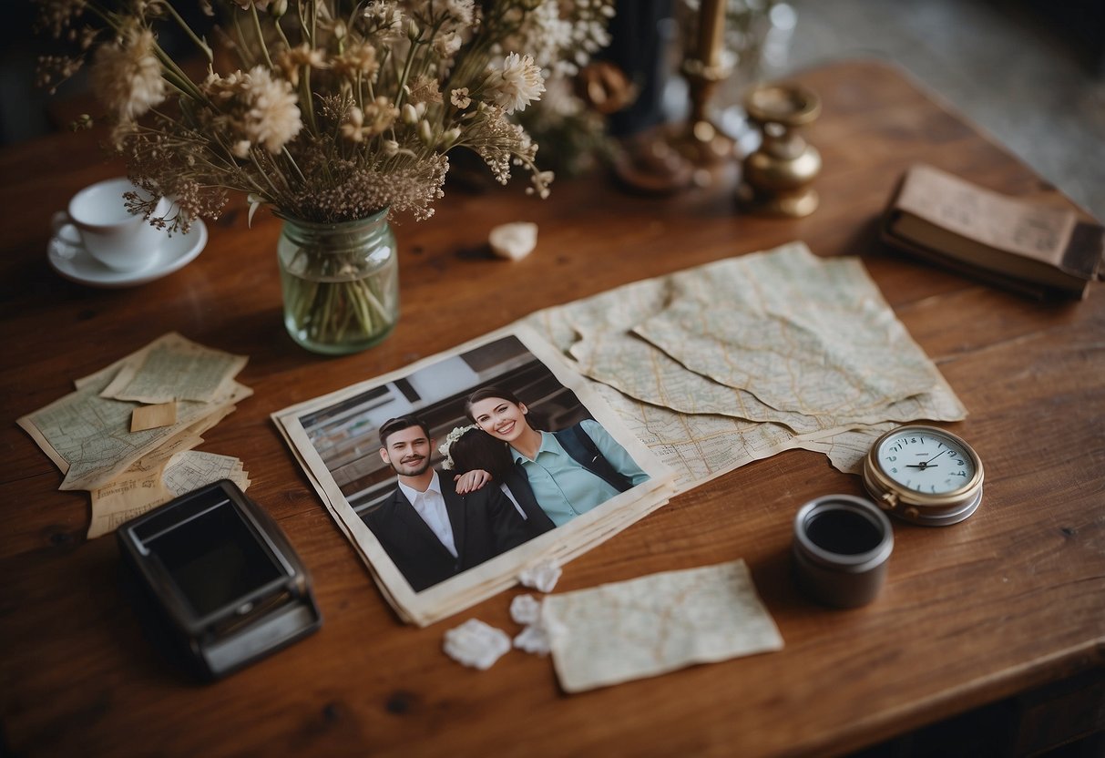 A couple's wedding photos scattered on a vintage table, surrounded by dried flowers, love letters, and a worn-out map