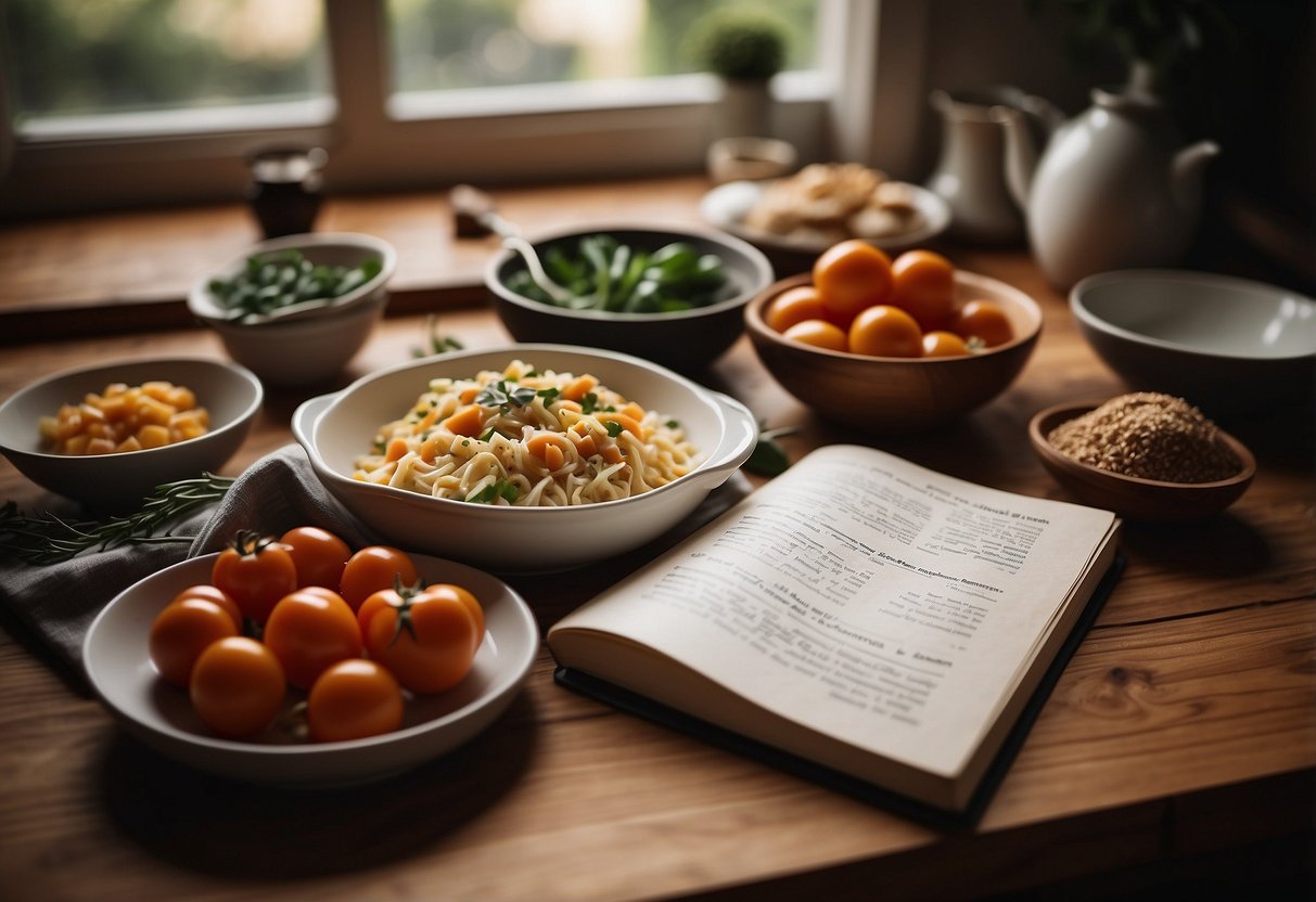 A cozy kitchen with two sets of cooking utensils and ingredients laid out on a wooden countertop. A recipe book is open to a page with the title "9th wedding anniversary dinner ideas."