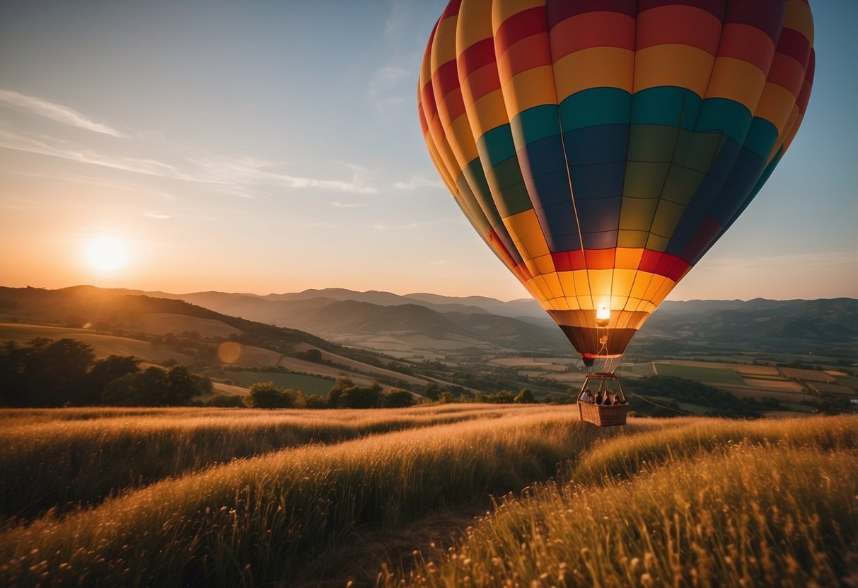 A colorful hot air balloon floats above a serene landscape at sunset, with a couple inside celebrating their 9th wedding anniversary