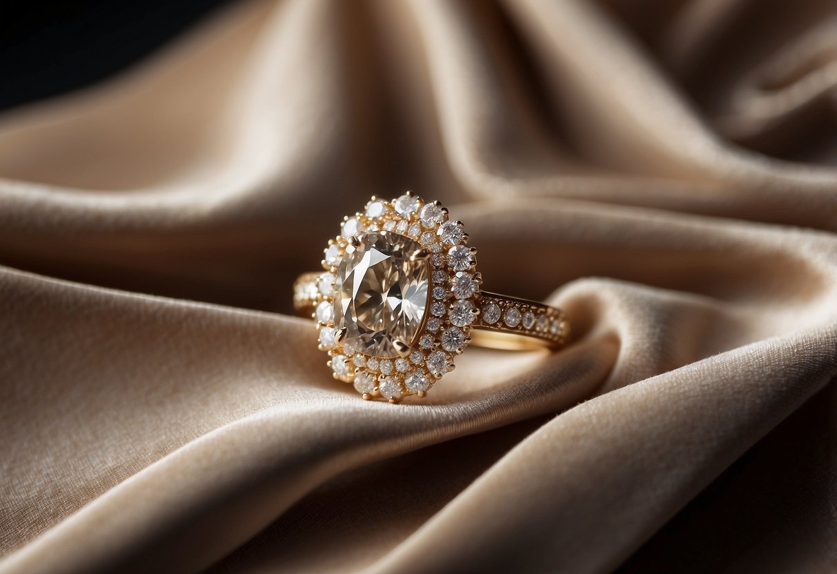 A sparkling diamond ring rests on a velvet cushion, surrounded by delicate handcrafted earrings and a shimmering necklace. A soft glow illuminates the elegant display