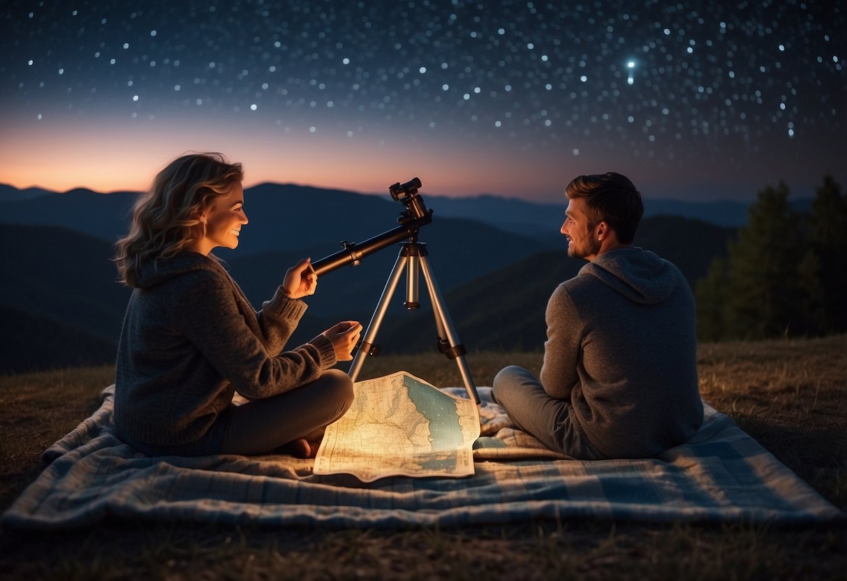 A couple sits on a blanket under the night sky, pointing to a bright star. A telescope and a map of the constellations are nearby